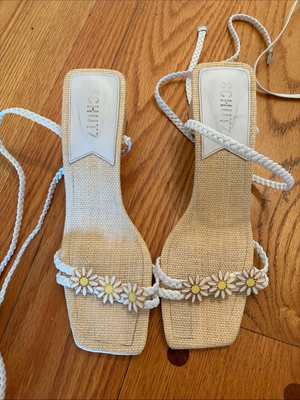 SCHUTZ White Braided Daisy Lace-Up Sandals